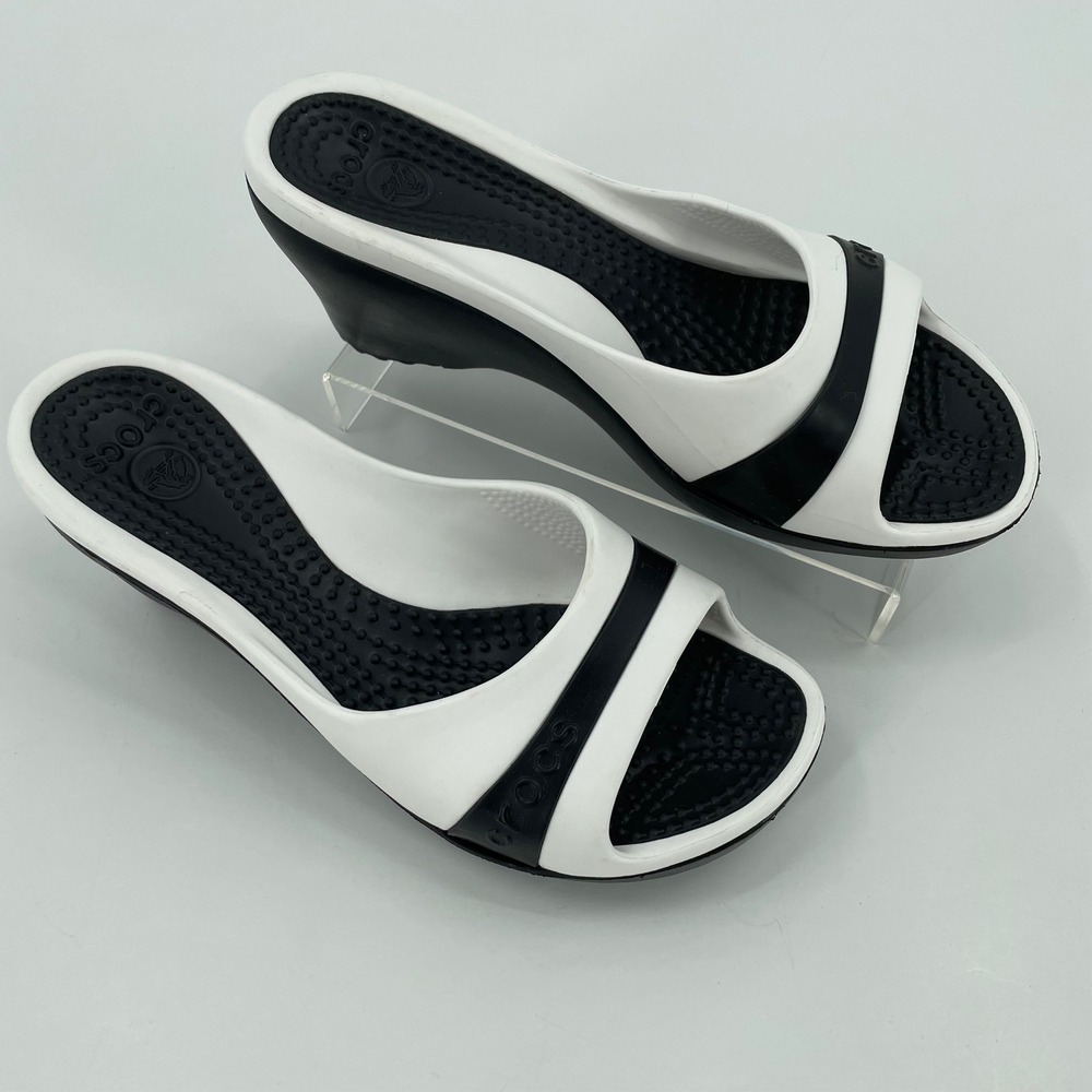 Crocs Womens Wedge Sandals Sz. 7 Black White GUC Open Toe Slide Casual Comfort